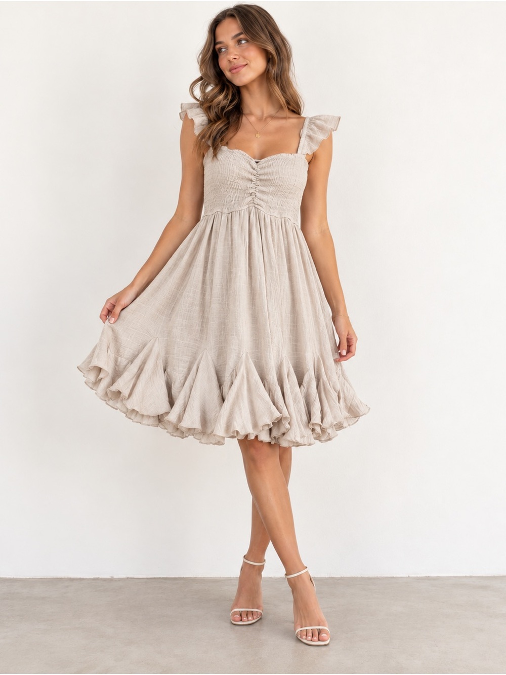 Beige Smocked Ruffle Hem Sundress Boho Mini Dress